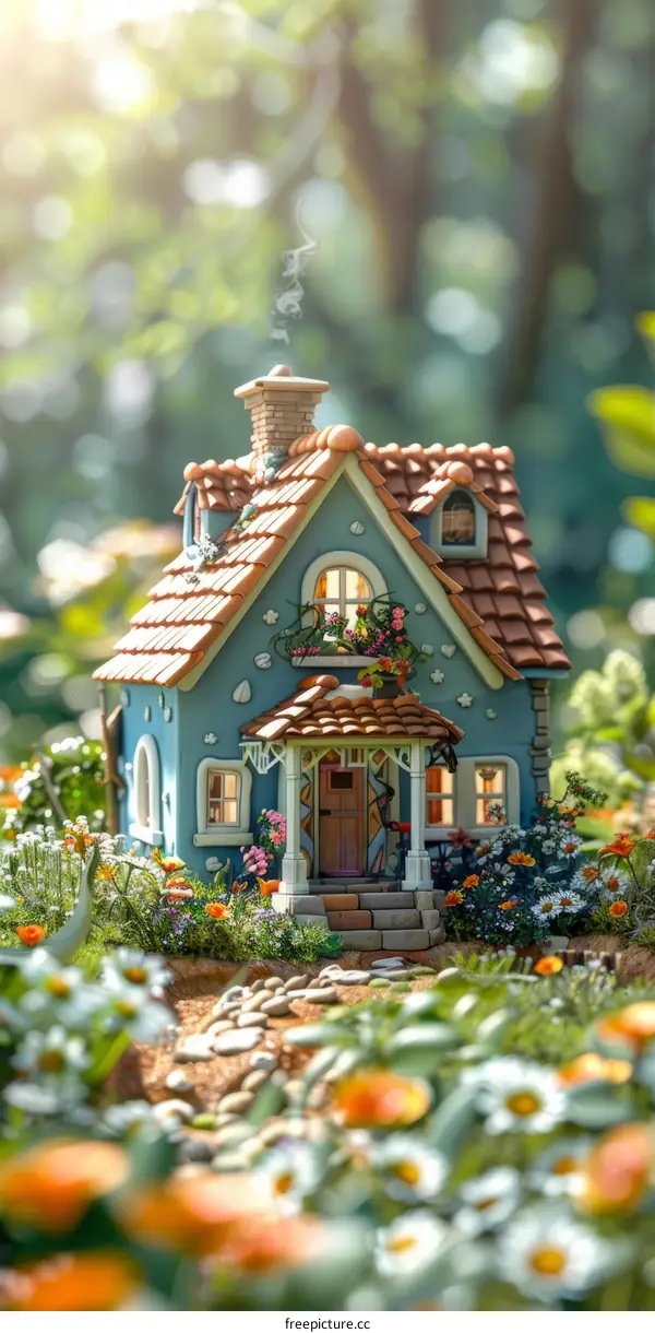 3D rendering of a cute cottage in the middle of a lush sunlit flower field