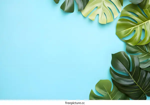 Tropical Leaves on Blue Background