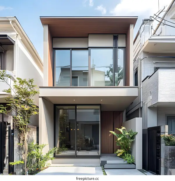 Modern Minimalist House with Glass Windows and Wooden Facade