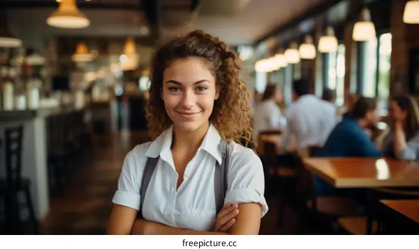 Portrait of a young waitress standing in a restaurant with arms crossed