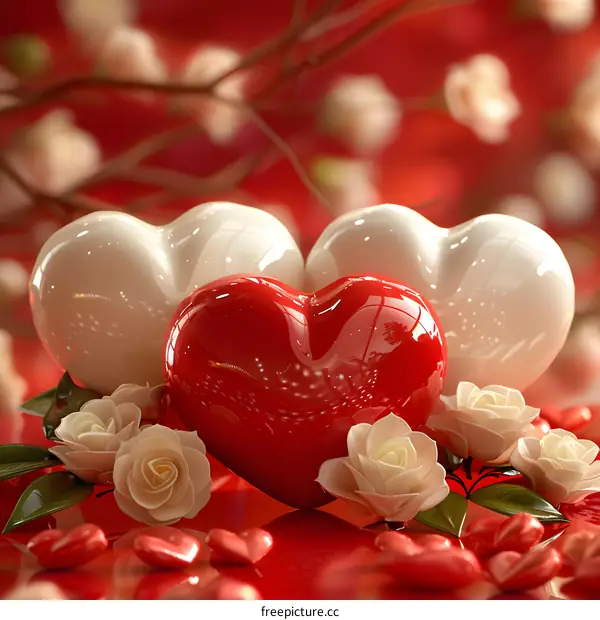 3D rendering of red and white hearts with roses