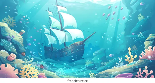 Sunken Ship Underwater Illustration With Sea Life