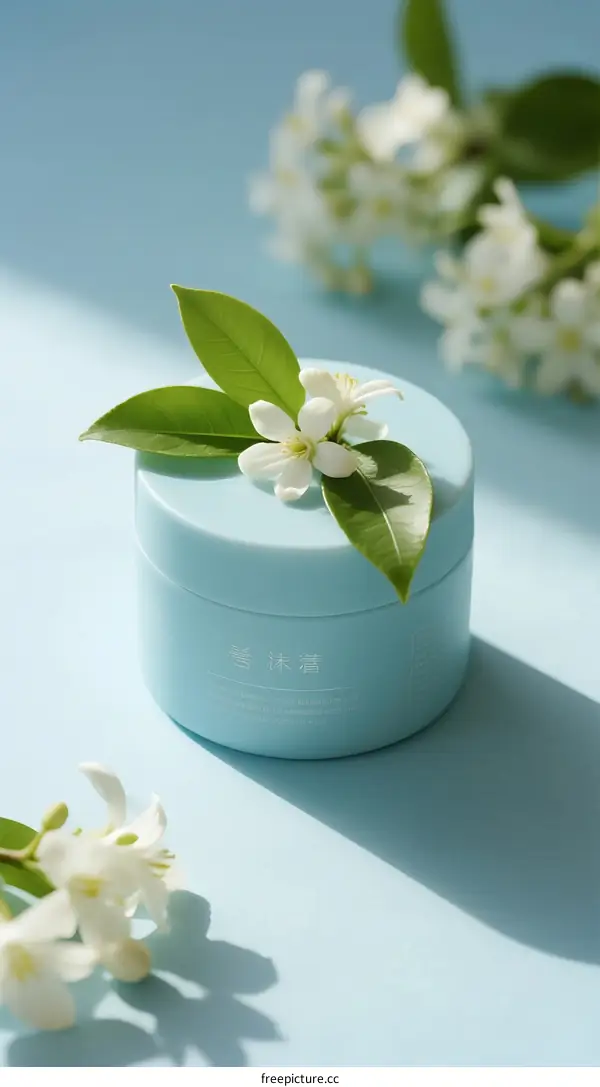 Light Blue Container with White Flowers and Green Leaves