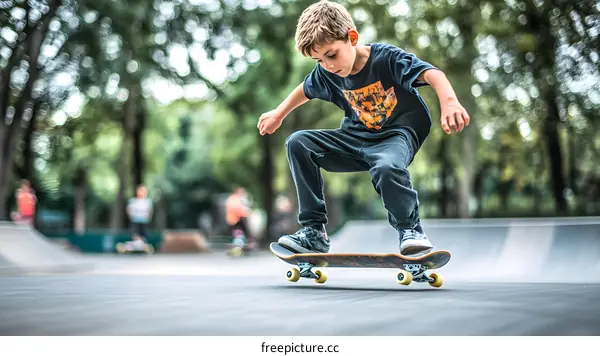 Young Boy Skateboarding In Skate Park