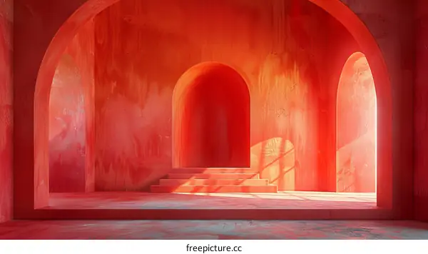 Red room with arches and podium