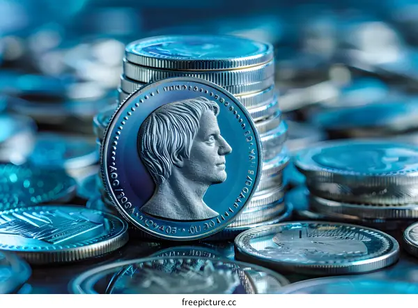 A stack of silver coins with a portrait of a man