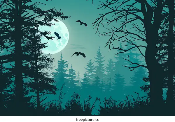 Silhouettes of Trees and Birds in a Foggy Forest at Night