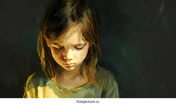 sad girl looking down with brown hair and green eyes