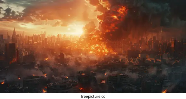 The city is destroyed by a nuclear explosion