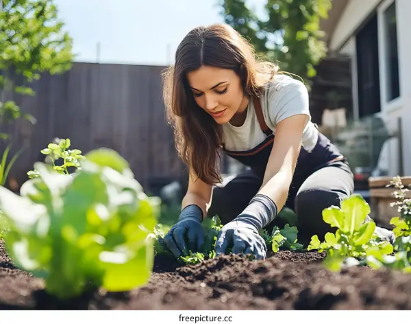 Woman Planting in a Garden with Gloves