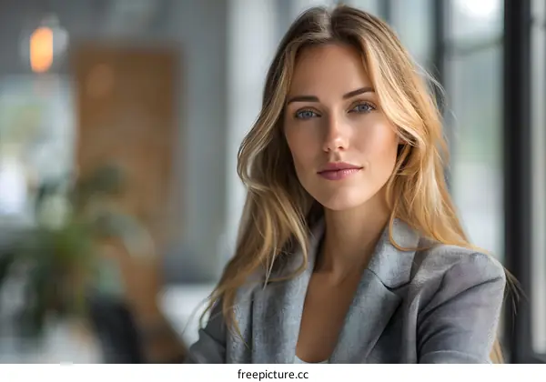 portrait of a beautiful blonde woman in a gray suit