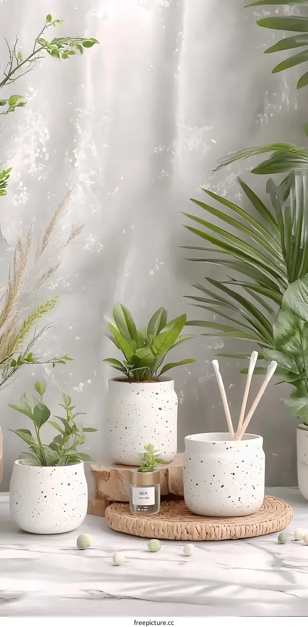 White Ceramic Pots with Plants and Wicker Coasters on a Marble Table