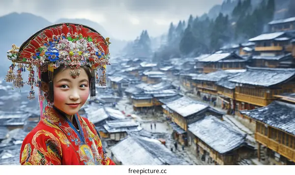 A Young Girl in Traditional Chinese Dress in a Snowy Village