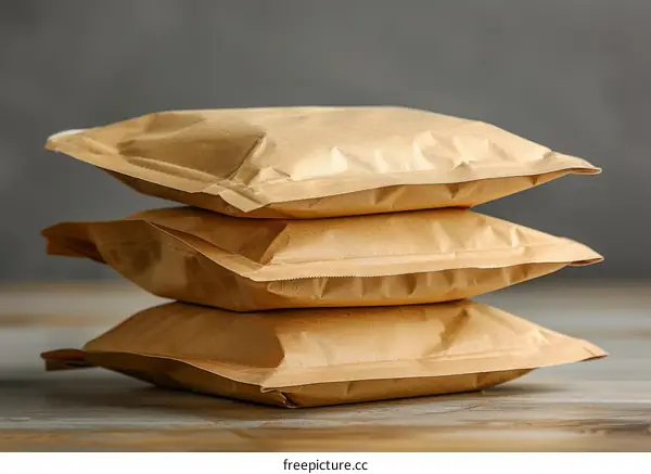 Three brown paper bubble mailers stacked on a wooden surface