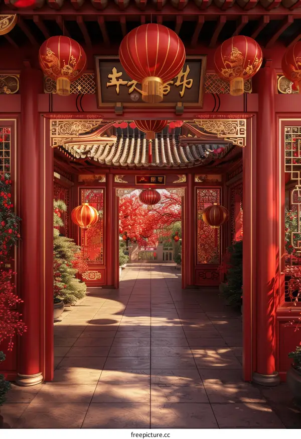 Chinese Traditional Architecture Pathway Illustration