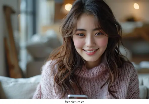 A young Asian woman is smiling while looking at her phone.