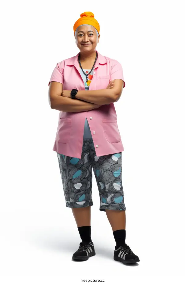 A portrait of a smiling Indian woman wearing a pink shirt and turban