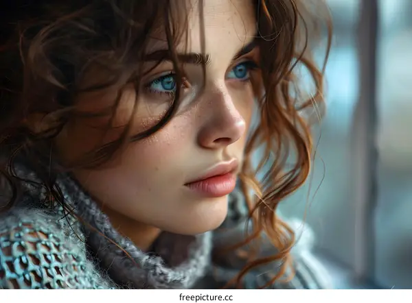 portrait of a beautiful woman with blue eyes and curly hair