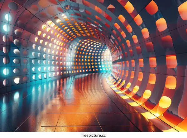 Futuristic Tunnel with Glowing Orange and Blue Lights