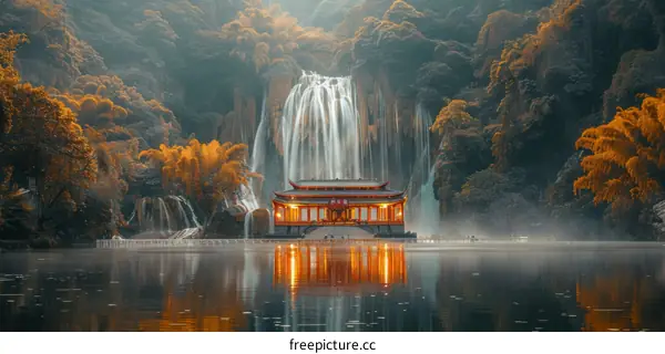 A pavilion by the waterfall in the misty mountains
