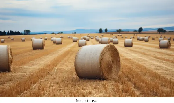 Field of hay bales under blue sky