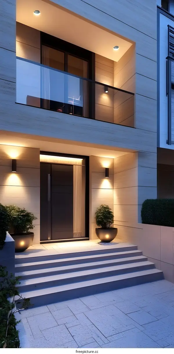 Modern House Exterior With Glass Balcony And Stone Walls