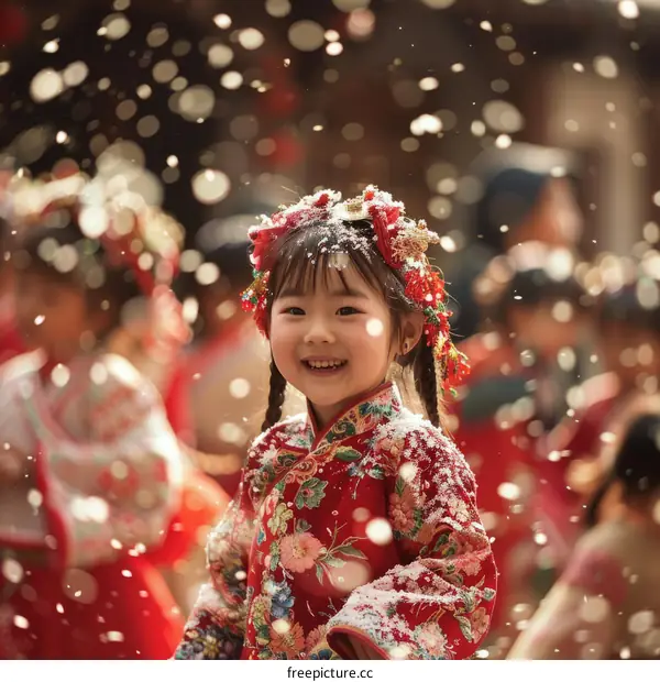 Little Chinese girl in traditional red dress smiling in the snow