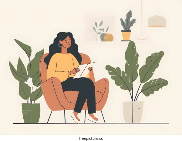 Woman Reading in a Comfortable Armchair with Plants