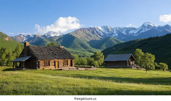 Wooden Cabin in a Mountain Valley Scenery