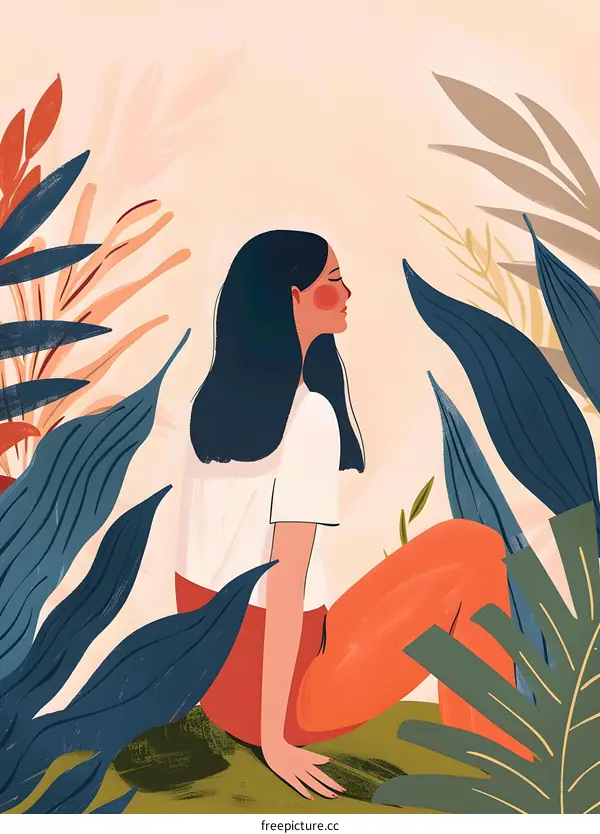 Woman Sitting in Lush Greenery Illustration