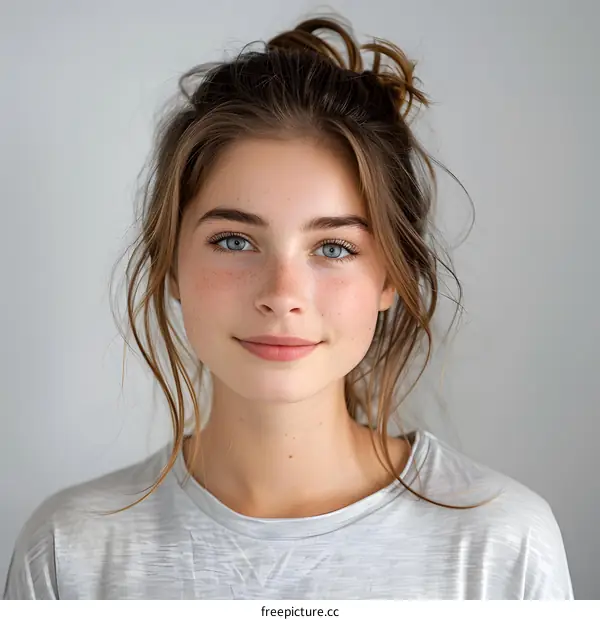 portrait of a young woman with freckles and blue eyes