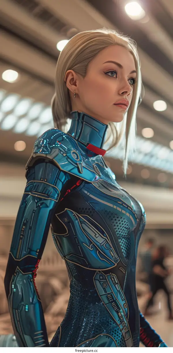 Portrait of a young woman in a blue armor-like suit