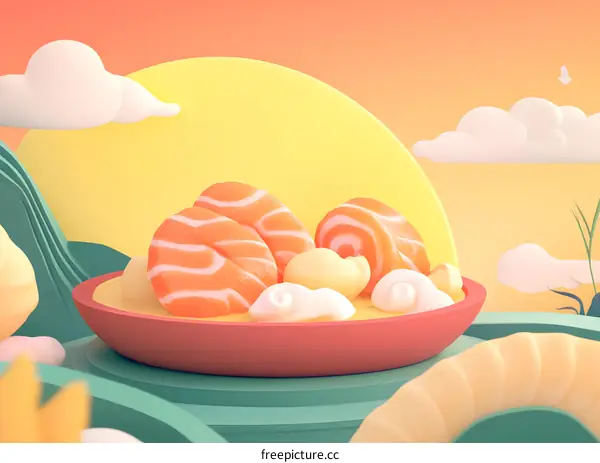 3D Rendered Illustration of Sushi on Plate in a Cartoon Landscape