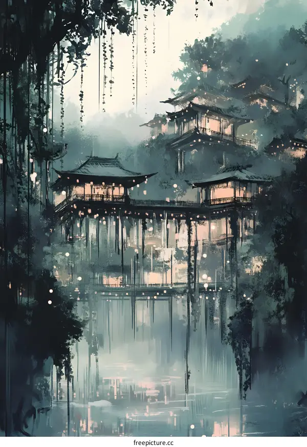 Water Village Painting with Pagoda and Tree