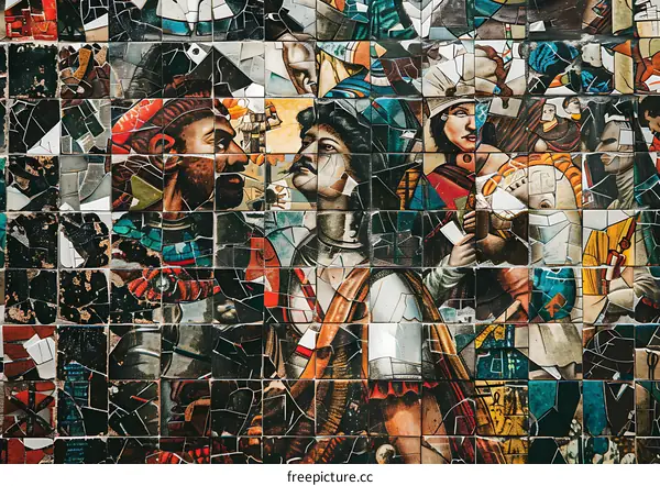 Mosaic Art Wall with People in a Building