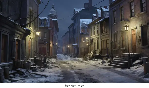 A Snowy Street in a Colonial Town