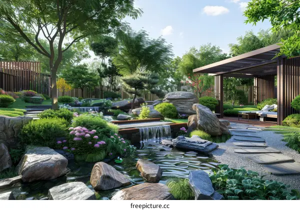 A Beautiful Garden with a Waterfall, Pavilion, and Pathway