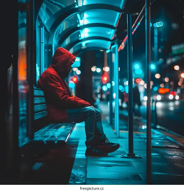 Man Sitting Alone in a Bus Stop at Night