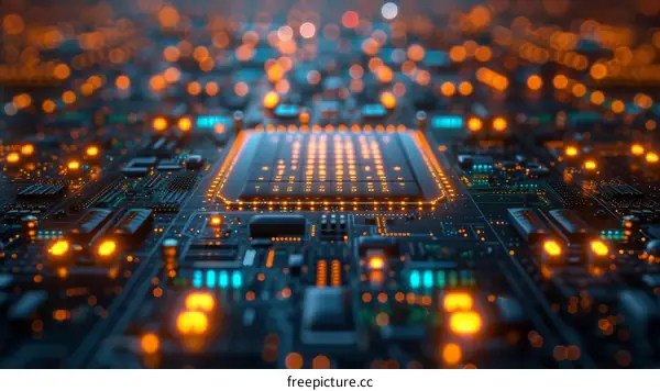 A close-up of a computer chip with glowing orange and blue lights