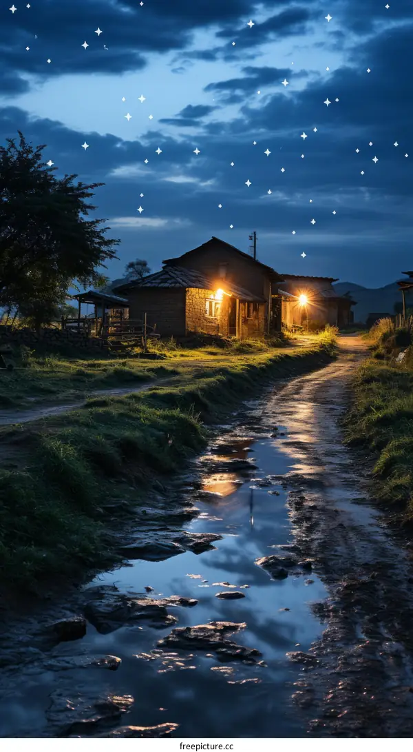 Traditional Houses Under the Starry Night Sky