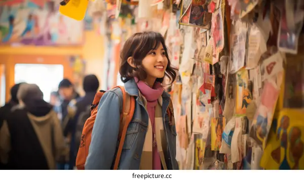 A young woman smiles as she looks at a wall of photos.