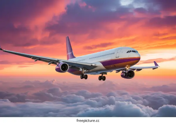 airplane flying over clouds at sunset