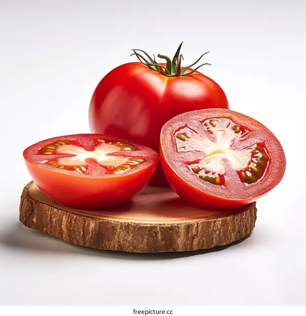 Fresh Tomato Halves on a Wooden Table
