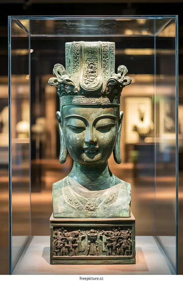 Bronze Bust of a Buddha in a Glass Case