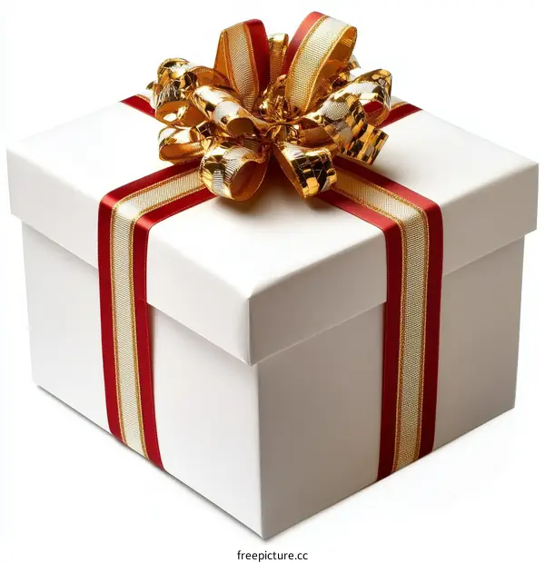 Elegant White Gift Box with Red and Gold Ribbon