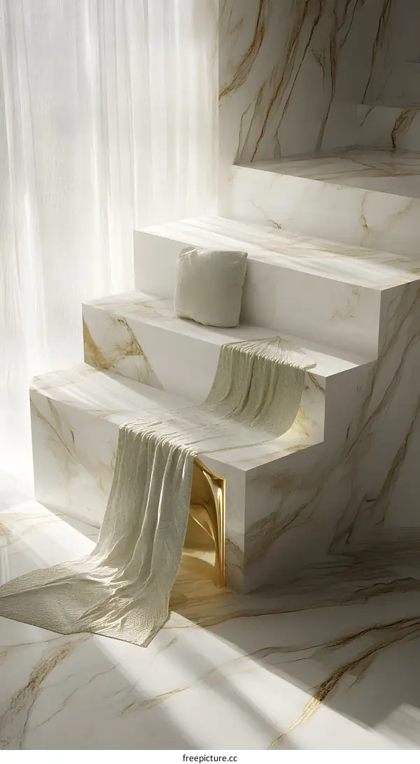 White Marble Steps With Green Blanket And Pillow