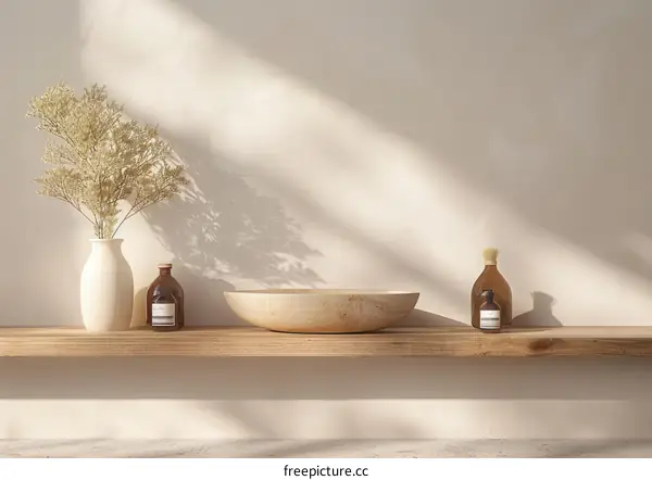 Dried Plants and Cosmetic Bottles on a Wooden Shelf