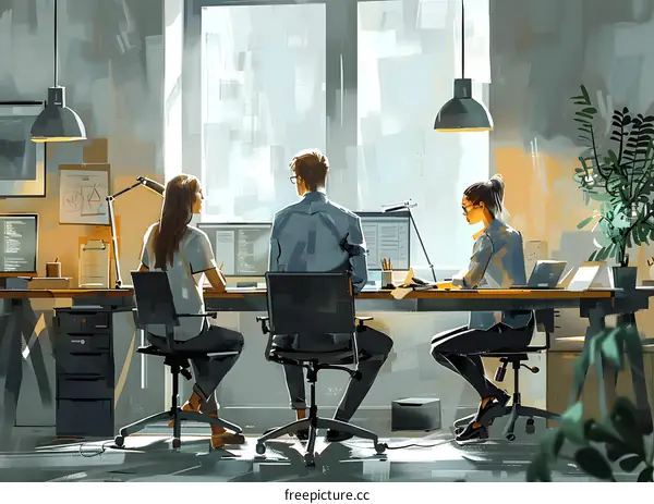 Three People Working at a Desk in an Office