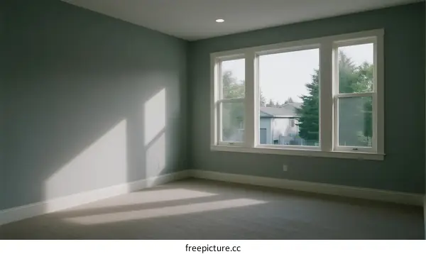 Empty room with large windows and light-colored walls