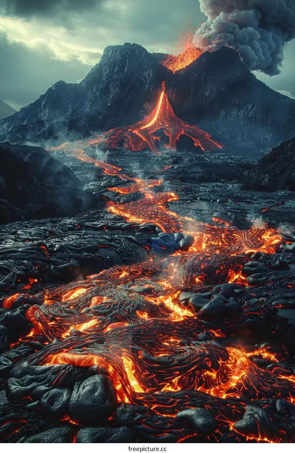 Lava Flowing Down a Mountainside During a Volcanic Eruption